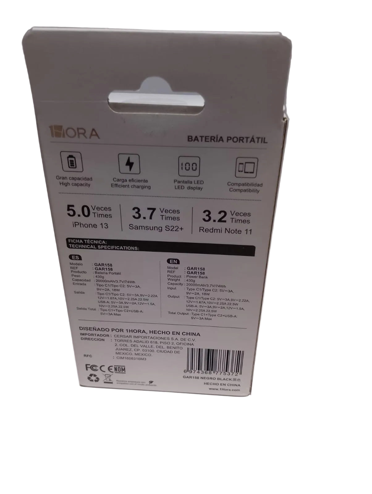 GAR158 POWER BANK 20000 MAH CON CABLE 1HORA