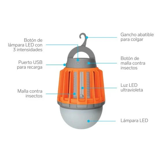 EXTERMINADOR ELECTRÓNICO DE INSECTOS PORTÁTIL CON FUNCIÓN FOCO Y BATERÍA RECARGABLE