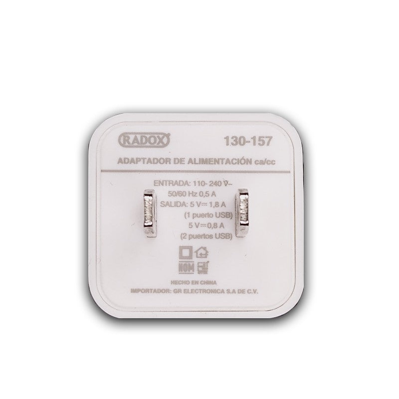 130-157 CARGADOR CELULAR 110V A 240V 2 PUERTOS USB BLANCO RADOX