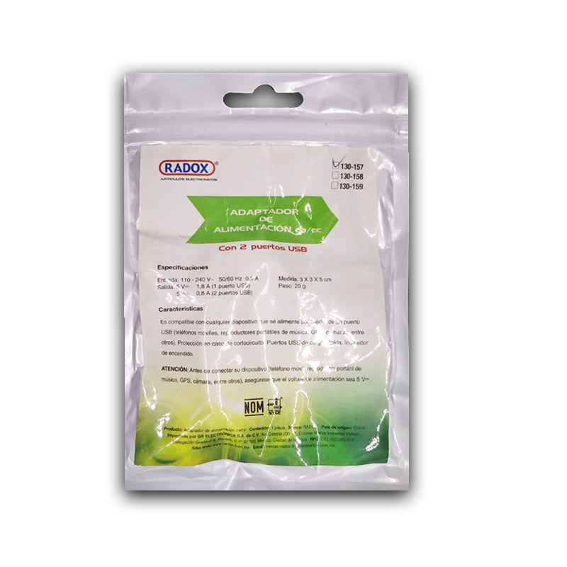 130-157 CARGADOR CELULAR 110V A 240V 2 PUERTOS USB BLANCO RADOX