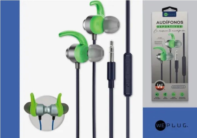 AUDIFONOS SPORT CONTROL VOLUMEN AZUL Y VERDE WEPLUG