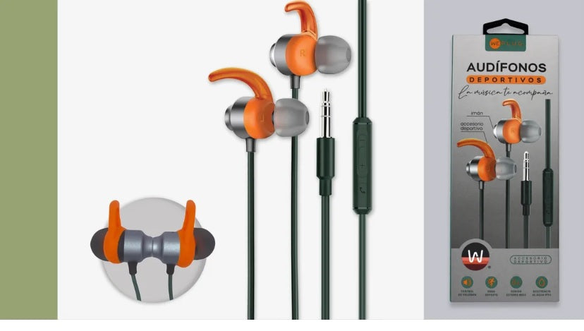 AUDIFONOS SPORT CONTROL VOLUMEN VERDE Y NARANJA WEPLUG