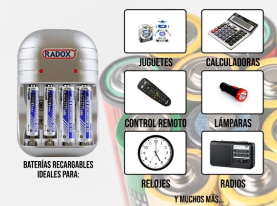 660-166 CARGADOR 4 BATERIAS AA AAA 9V 2AA Y 2AAA INCLUIDAS RADOX