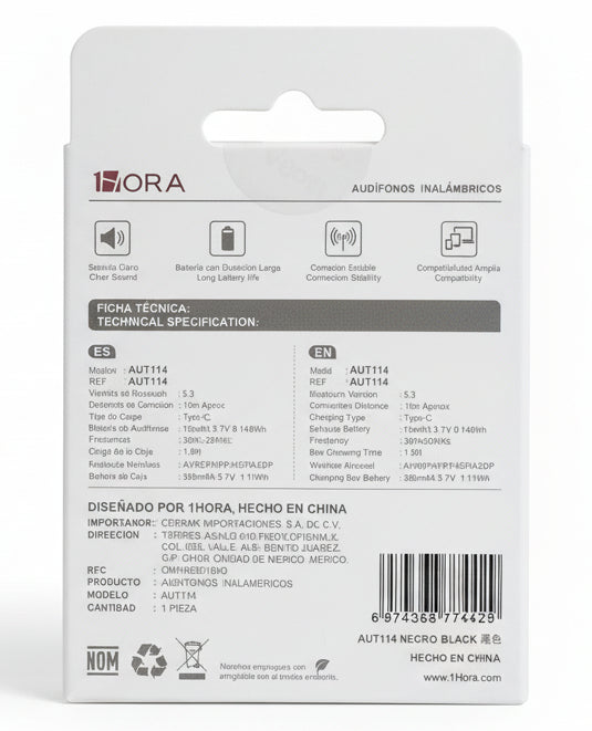 AUT114N AUDIFONOS NEGROS INALAMBRICOS TWS 1HORA