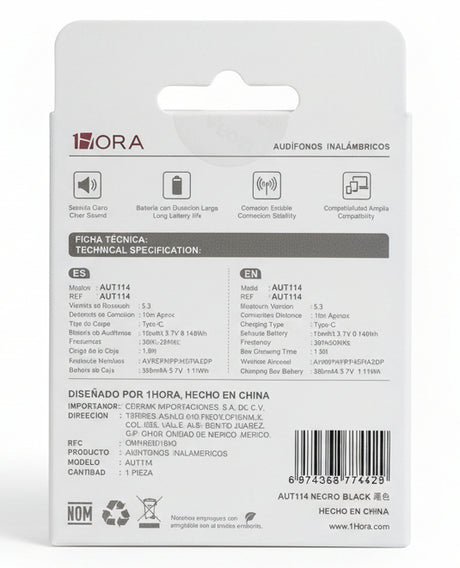 AUT114N AUDIFONOS NEGROS INALAMBRICOS TWS 1HORA