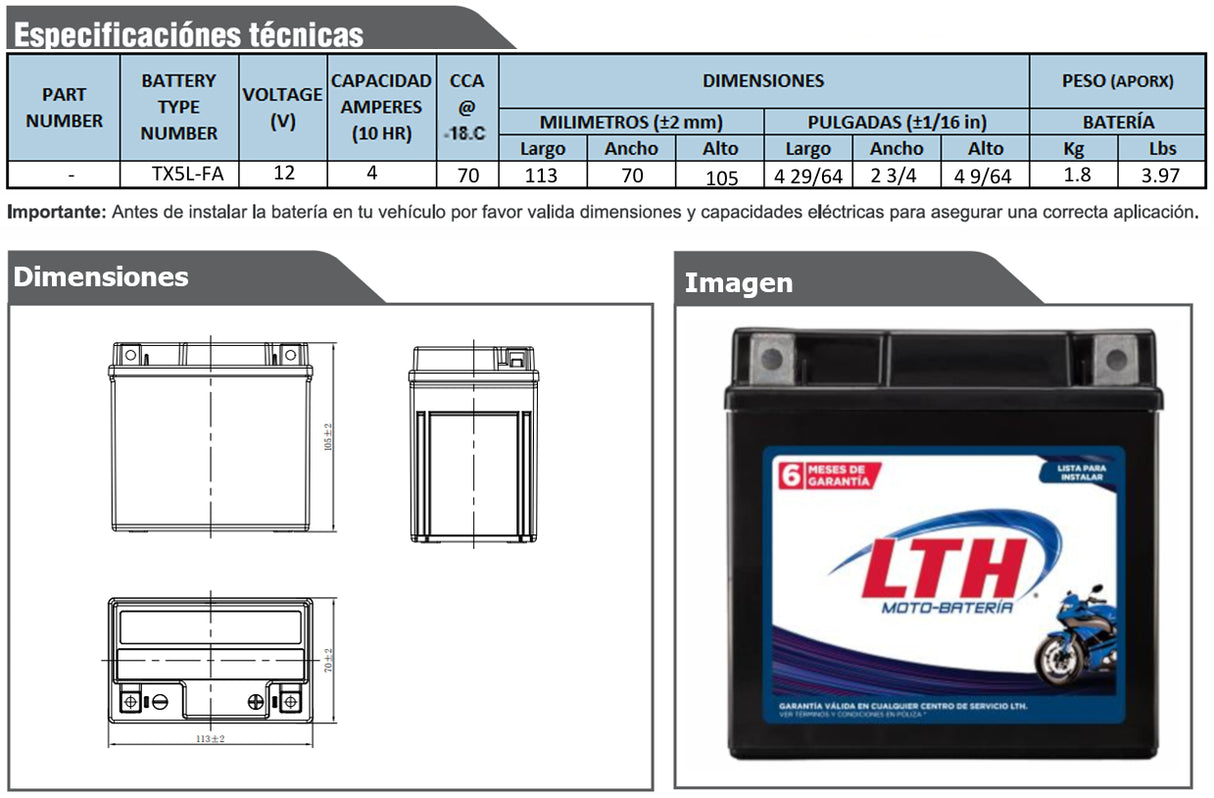 TX5L-FA LTH BATERIA DE GEL ACTIVADA PARA MOTO