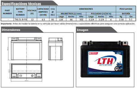 TX6.5L-B-FA LTH BATERIA DE GEL ACTIVADA PARA MOTO