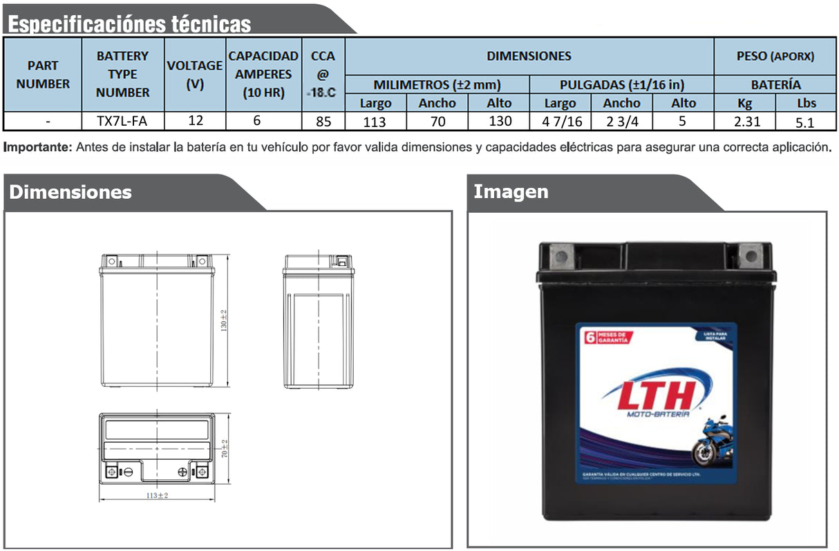 TX7L-FA LTH BATERIA DE GEL ACTIVADA PARA MOTO