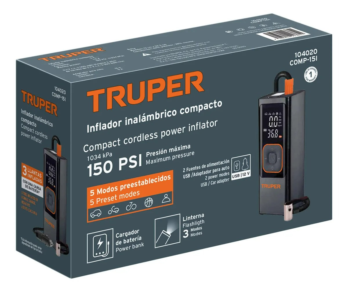 COMP-151 INFLADOR DE AIRE INALAMBRICO PORTATIL 150PSI TRUPER COMP-15I