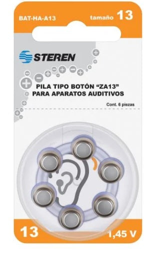 BAT-HA-A13 JGO D/6 BATERIAS PARA EQUIPOS AUDITIVOS STEREN