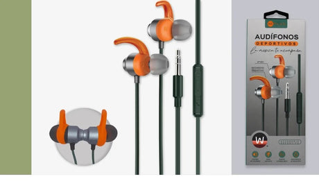 AUDIFONOS SPORT CONTROL VOLUMEN VERDE Y NARANJA WEPLUG